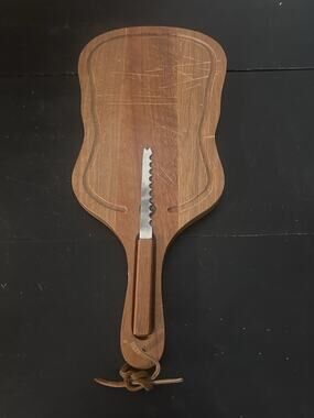 Vintage Wooden Cheese Board Cutting Board w/ Serrated Knife Made Taiwan Retro